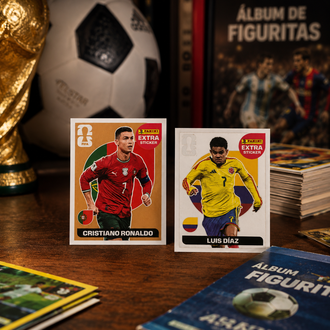 Lote de 2 Figuritas Extras Mundial 2026 Panini - Cristiano Ronaldo Dorada y Luis Díaz Plateada