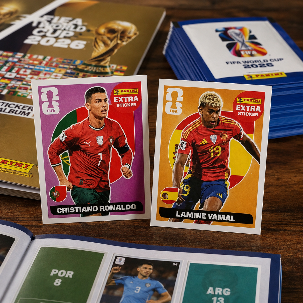 Lote de 2 Figuritas Extras Mundial 2026 Panini - Cristiano Ronaldo Plateada y Lamine Yamal Dorada